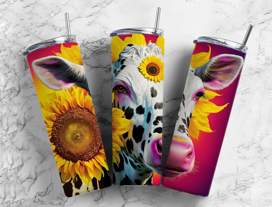 Sunflower cow 20oz Sublimation Tumbler Designs, Yellow floral 9.2 x 8.3” Straight Skinny Tumbler Wrap PNG