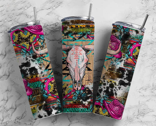 Bull Skull 20oz Sublimation Tumbler Designs, Cow Girl Hat 9.2 x 8.3” Straight Skinny Tumbler, Aztec Turquoise Wrap PNG