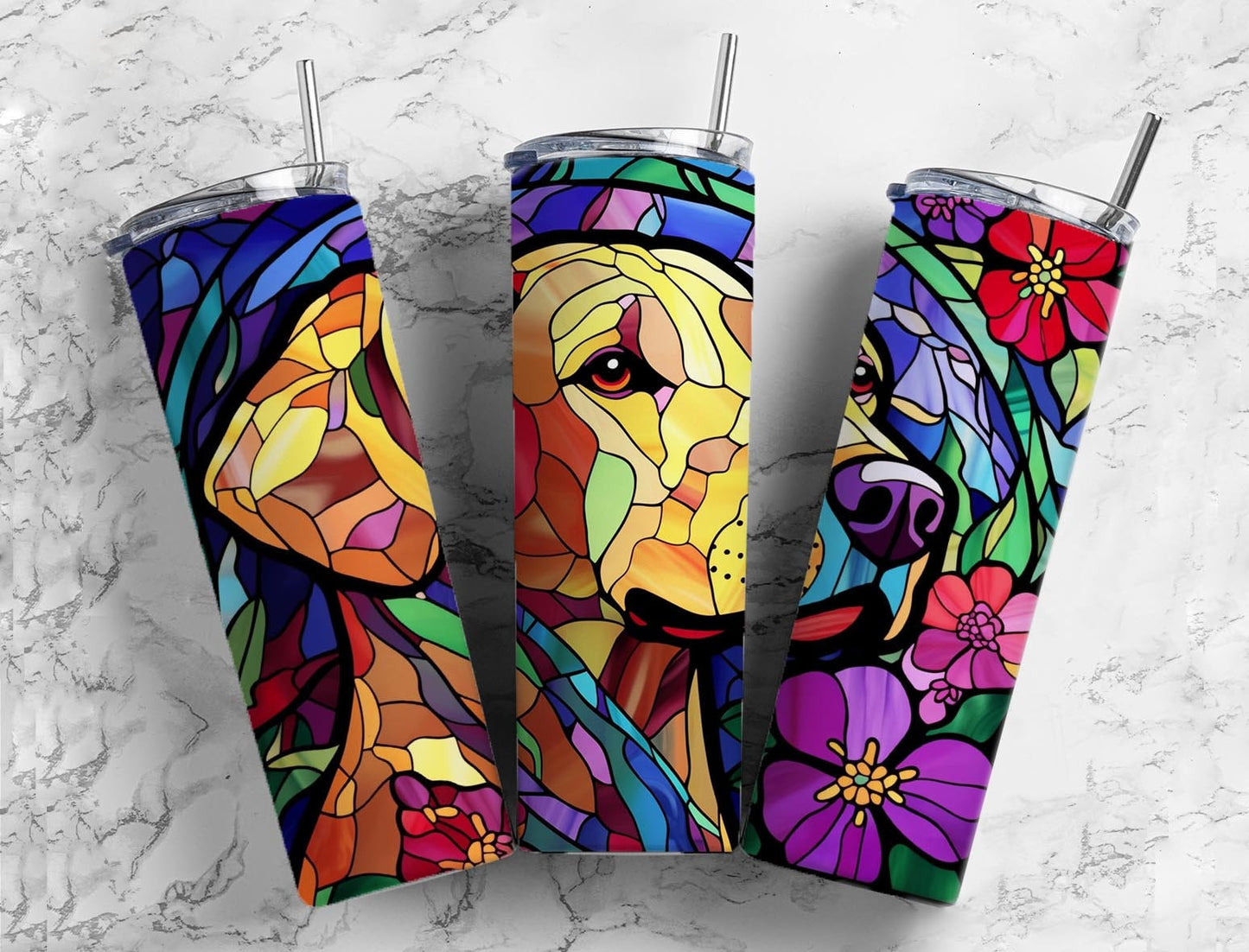 Stained glass 20oz Sublimation Tumbler Designs, Floral dog 9.2 x 8.3” Straight Skinny Tumbler Wrap PNG