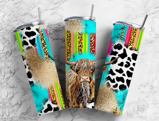 Highland Cow Print and Sarape 20oz Sublimation Tumbler Designs, Boho Flower 9.2 x 8.3” Straight Skinny Tumbler, Bright Wrap PNG