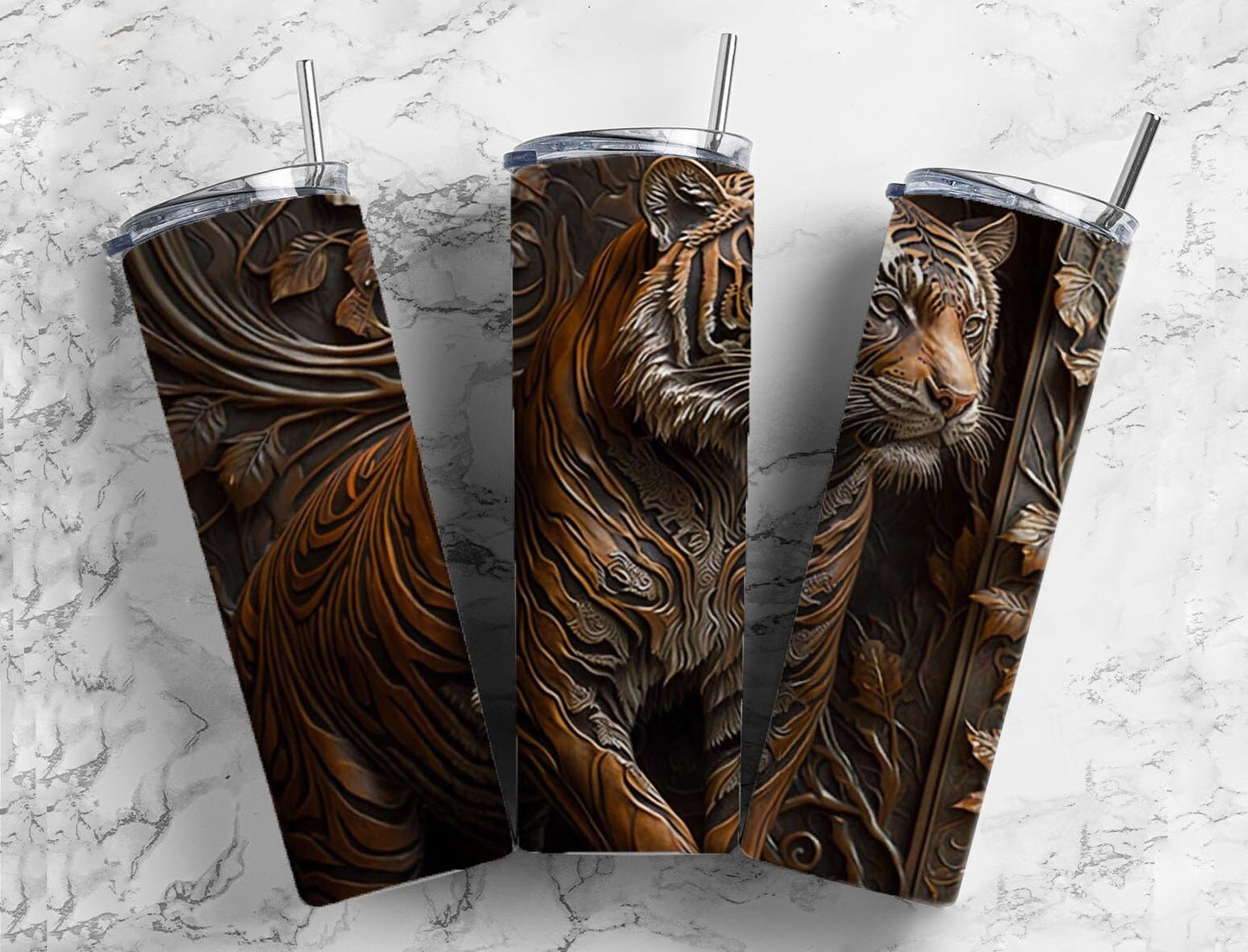 Tooled leather tiger 20oz Sublimation Tumbler Designs, Carved leather 9.2 x 8.3” Straight Skinny Tumbler Wrap PNG