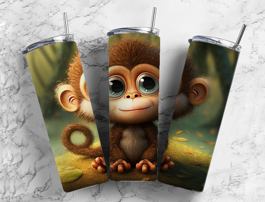 Cartoon monkey 20oz Sublimation Tumbler Designs, Cute forest 9.2 x 8.3” Straight Skinny Tumbler Wrap PNG