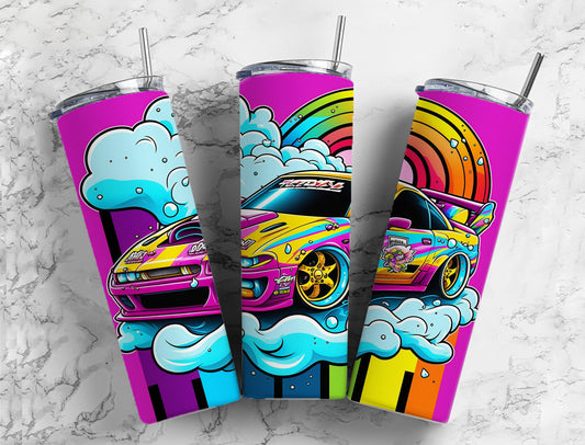 Racing Neon 20oz Sublimation Tumbler Designs, Pink Race Car 9.2 x 8.3” Straight Skinny Tumbler Wrap PNG, Sublimation Design PNG