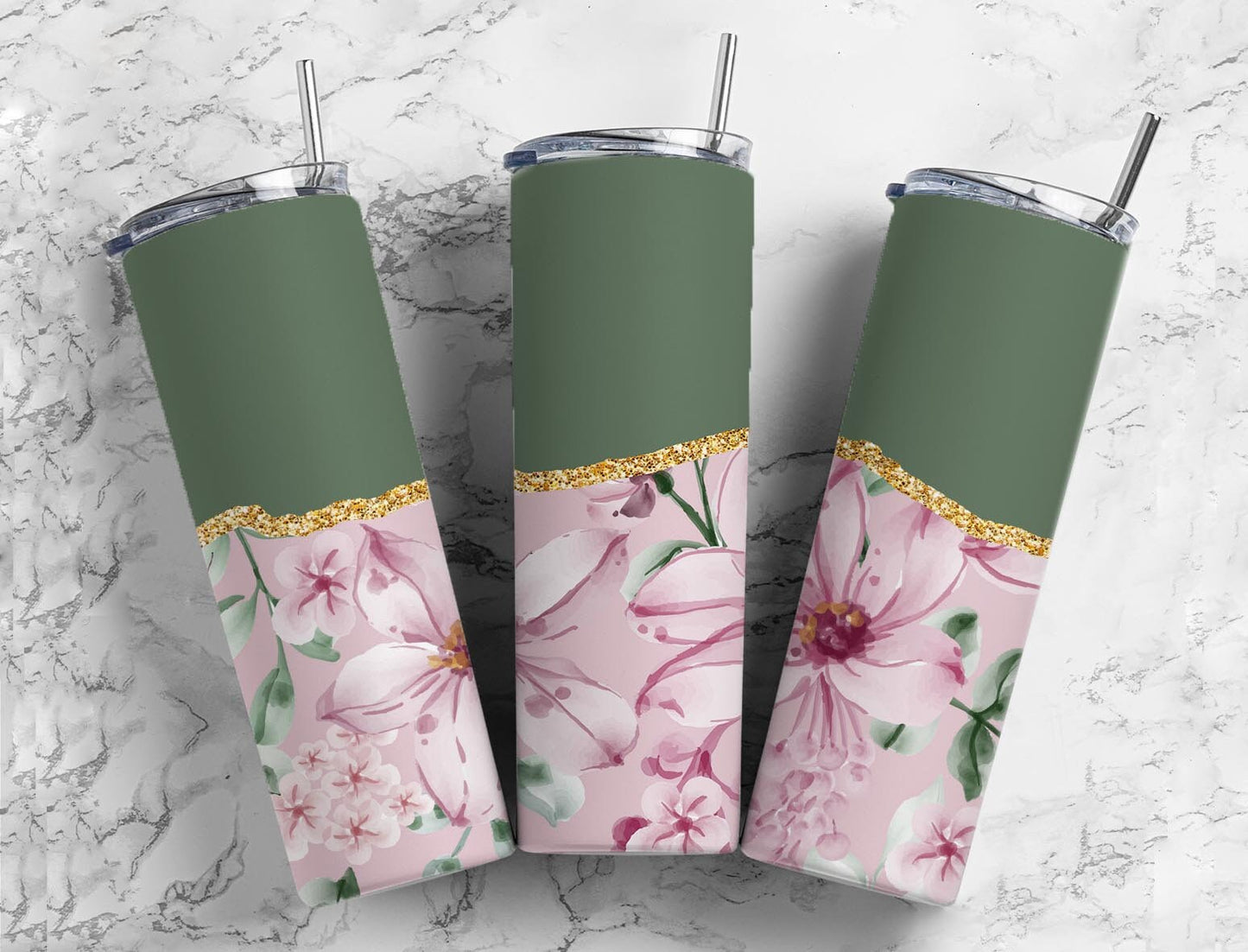 Aesthetic Flower 20oz Sublimation Tumbler Designs, Agate Glitter Green 9.2 x 8.3” Straight Skinny Tumbler Wrap PNG