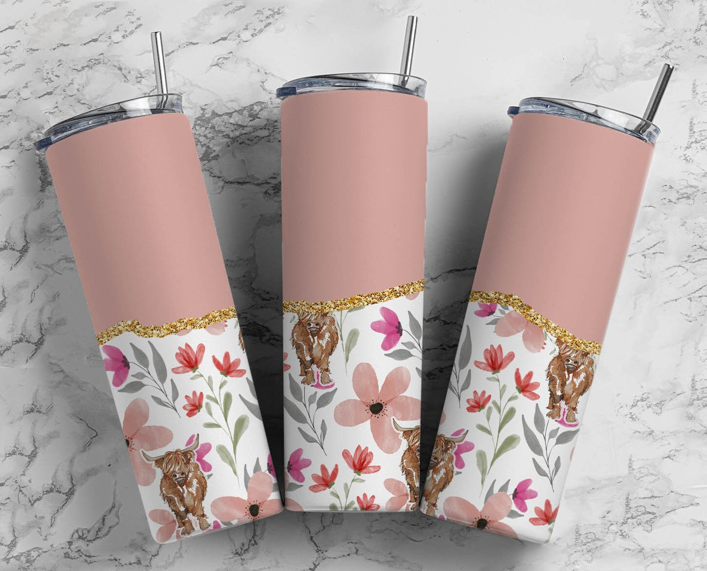 Pink Highland Cow 20oz Sublimation Tumbler Designs, Floral Flower Gold Glitter Agate 9.2 x 8.3” Straight Skinny Tumbler Wrap 32