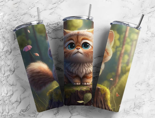 cartoon cat 20oz Sublimation Tumbler Designs, Forest cat 9.2 x 8.3” Straight Skinny Tumbler Wrap PNG