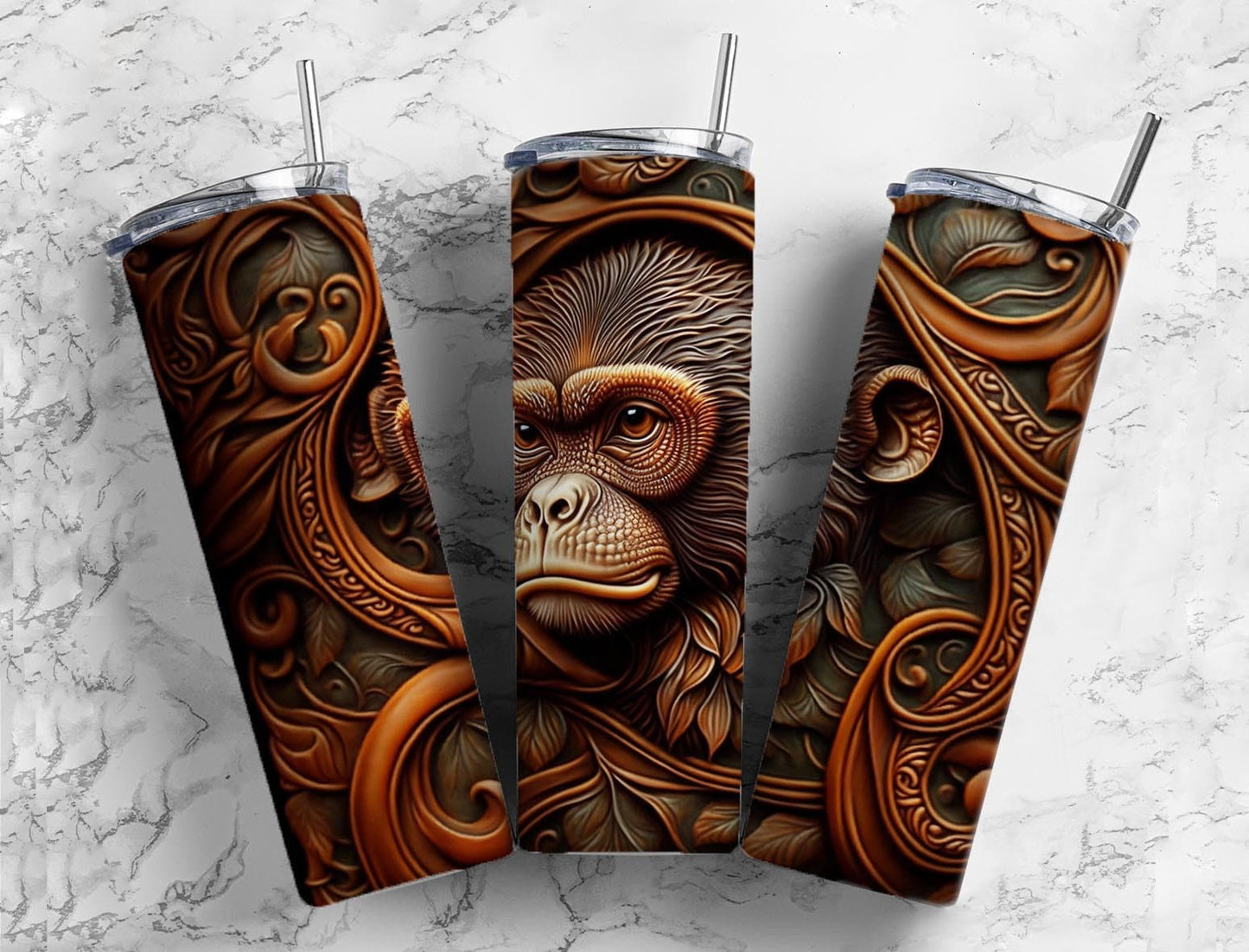 Tooled leather monkey 20oz Sublimation Tumbler Designs, engraved chimpanzee 9.2 x 8.3” Straight Skinny Tumbler Wrap