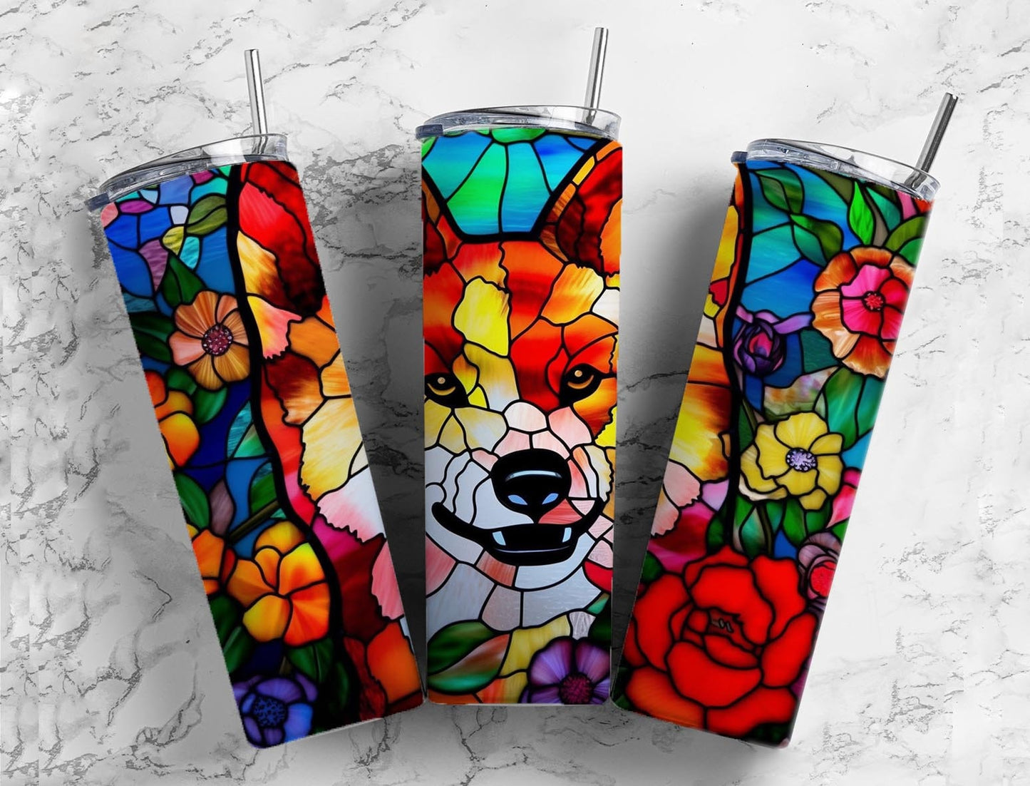 Shiba inu dog 20oz Sublimation Tumbler Designs, Stained glass floral 9.2 x 8.3” Straight Skinny Tumbler Wrap PNG