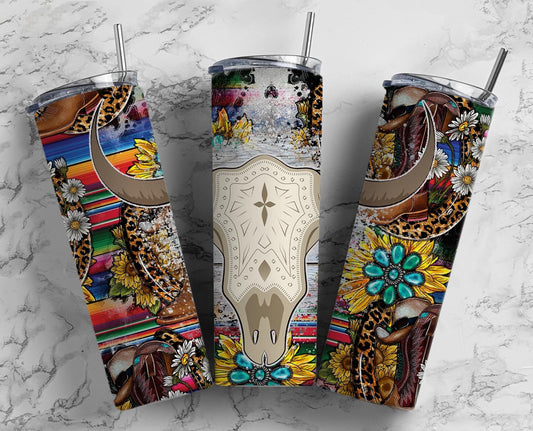 Texas Bull Skull 20oz Sublimation Tumbler Designs, Country Western 9.2 x 8.3” Straight Skinny Tumbler Wrap PNG