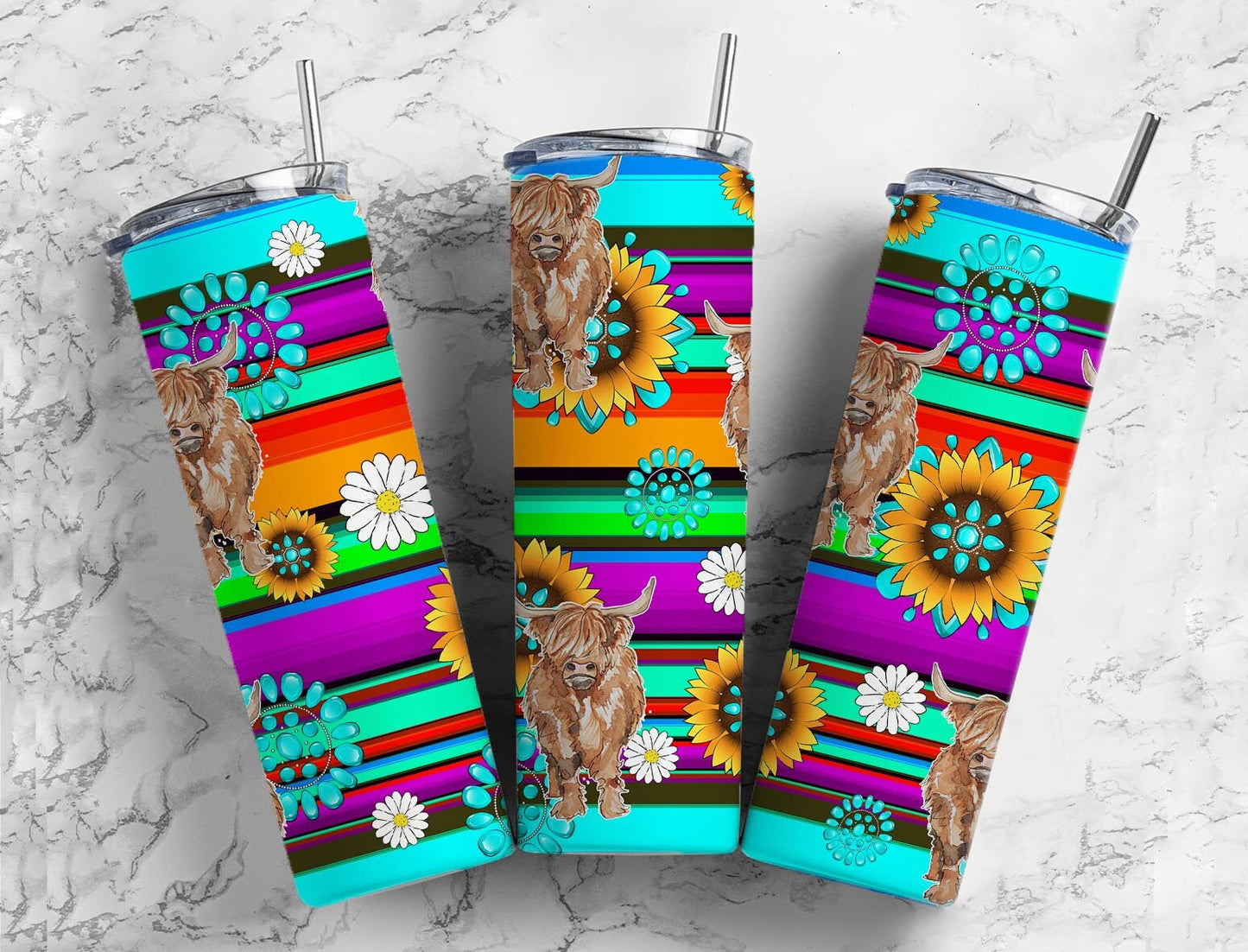 Sunflower Serape 20oz Sublimation Tumbler Designs, Turquoise Gem Highland Cow9.2 x 8.3” Straight Skinny Tumbler Wrap PNG