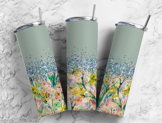 Botanical Aesthetic 20oz Sublimation Tumbler Designs, Iridescent Glitter Green 9.2 x 8.3” Straight Skinny Tumbler Wrap PNG