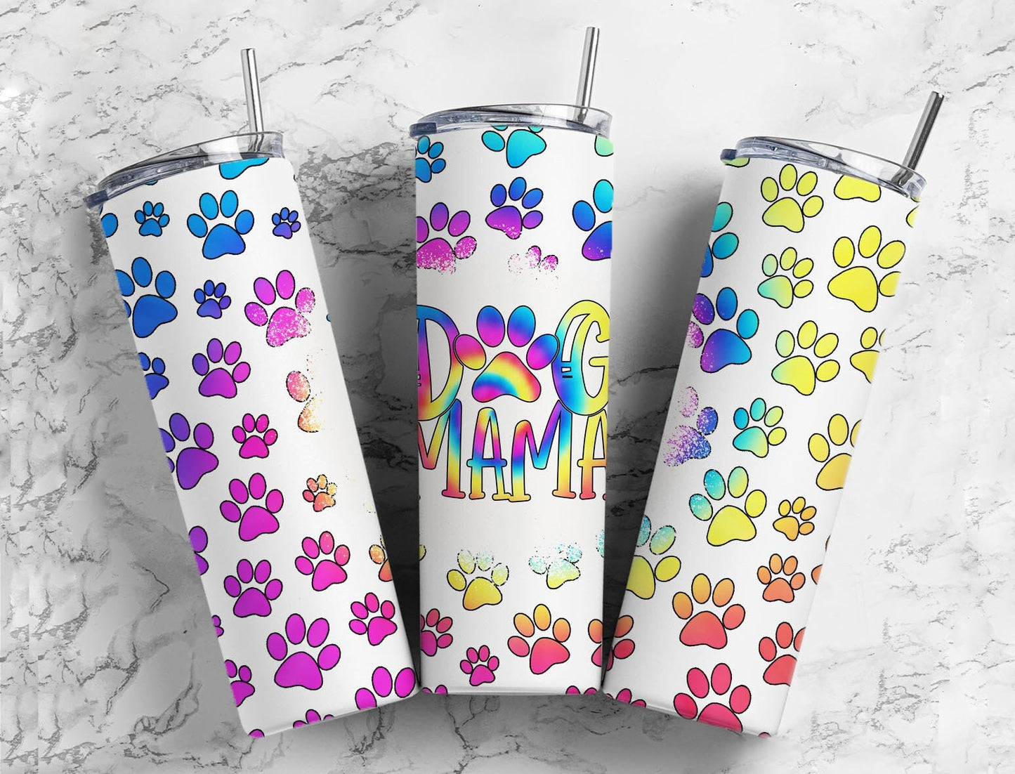 Rainbow Paws 20oz Sublimation Tumbler Designs, Boho Dog Mama 9.2 x 8.3” Straight Skinny Tumbler PNG