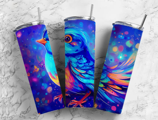 Blue bird colorful 20oz Sublimation Tumbler Designs, rainbow feathers 9.2 x 8.3” Straight Skinny Tumbler Wrap PNG