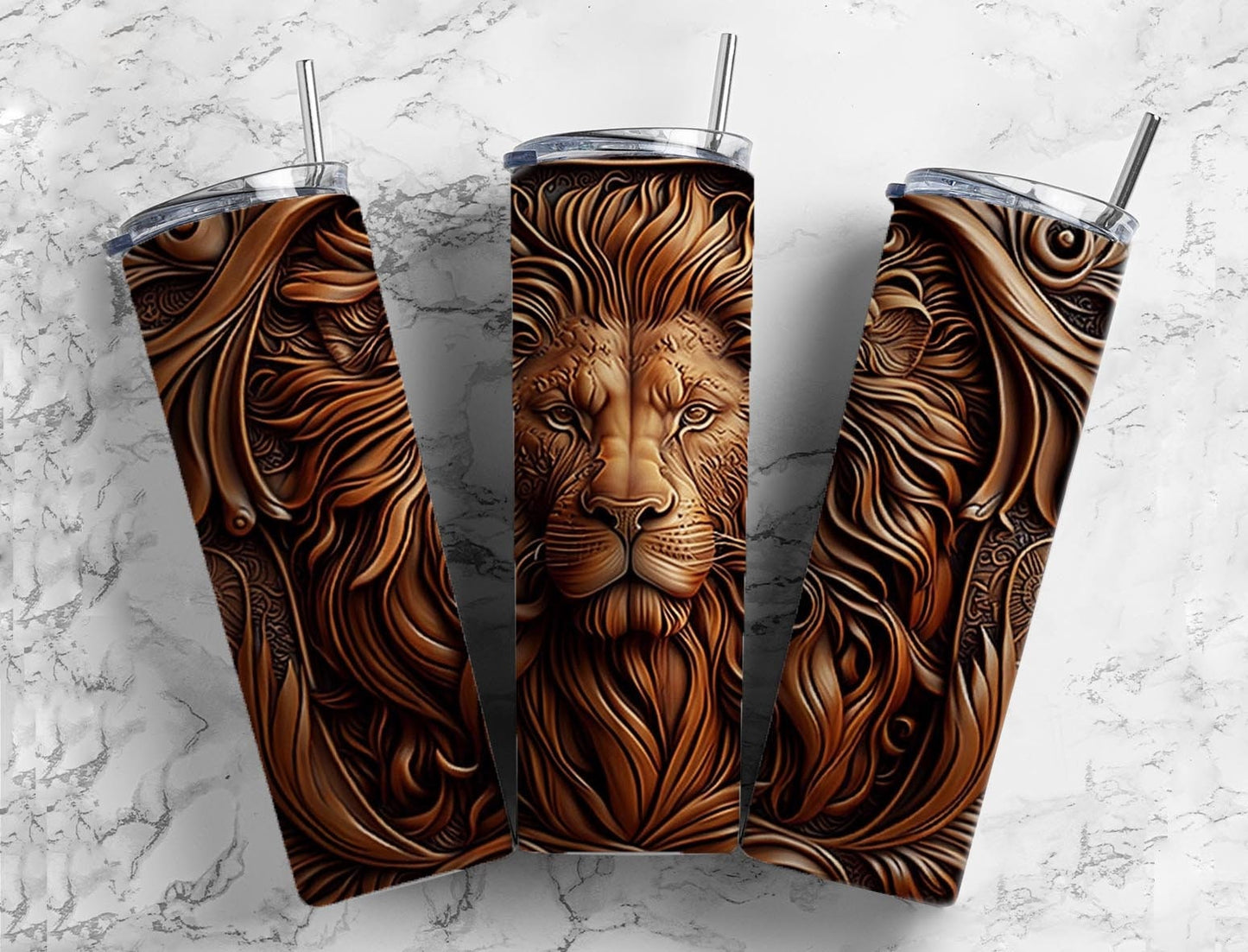 Tooled leathern Lion 20oz Sublimation Tumbler Designs, engraved leather 9.2 x 8.3” Straight Skinny Tumbler Wrap