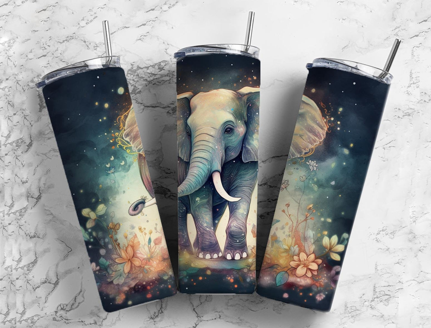 Watercolor elephant 20oz Sublimation Tumbler Designs, Soft floral 9.2 x 8.3” Straight Skinny Tumbler Wrap PNG