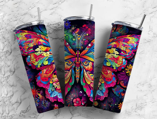 Rainbow butterfly 20oz Sublimation Tumbler Designs, colorful floral 9.2 x 8.3” Straight Skinny Tumbler Wrap PNG