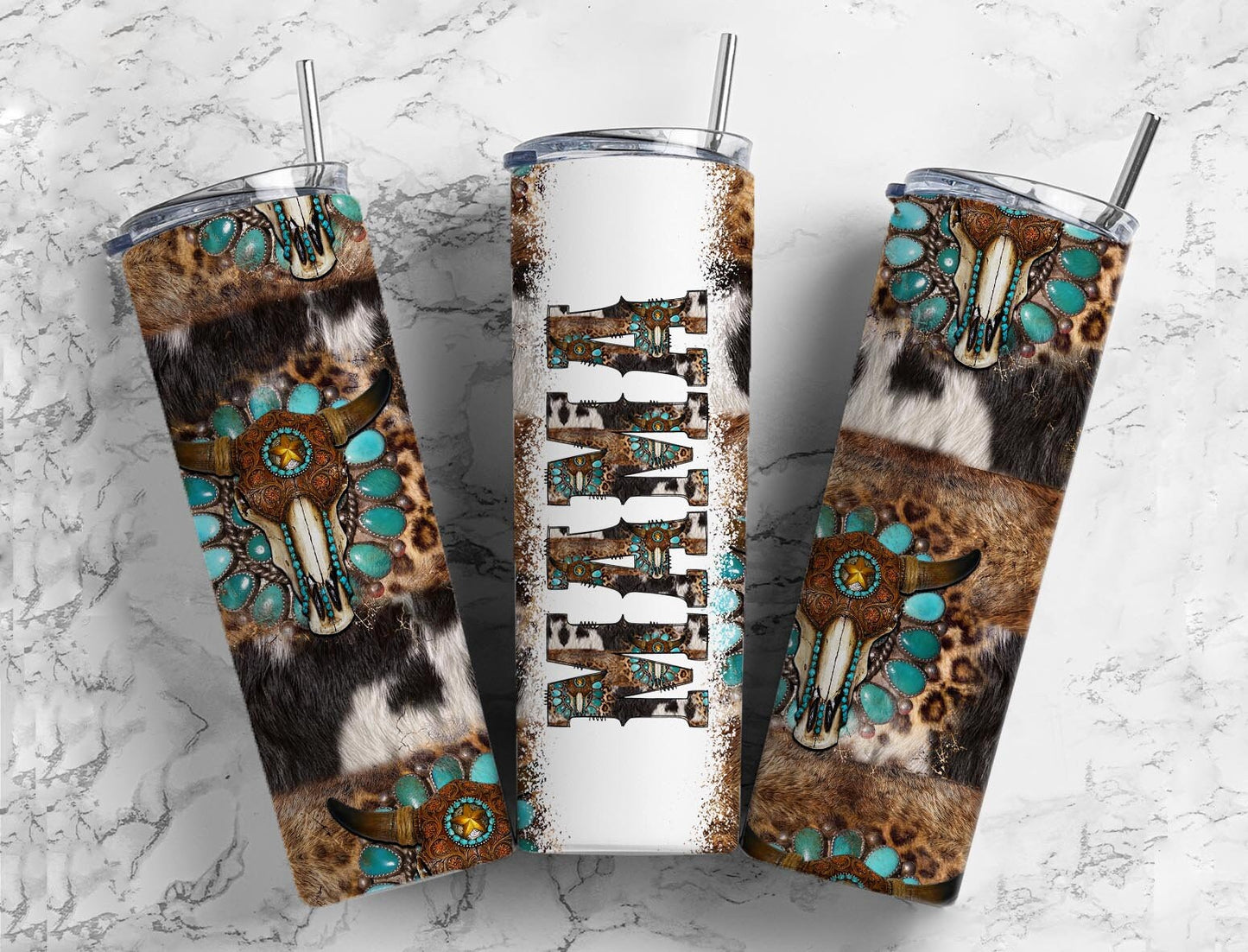 Blue Gem Longhorn 20oz Sublimation Tumbler Designs, Mama Cowhide 9.2 x 8.3” Straight Skinny Tumbler Wrap PNG, Sublimation Design PNG