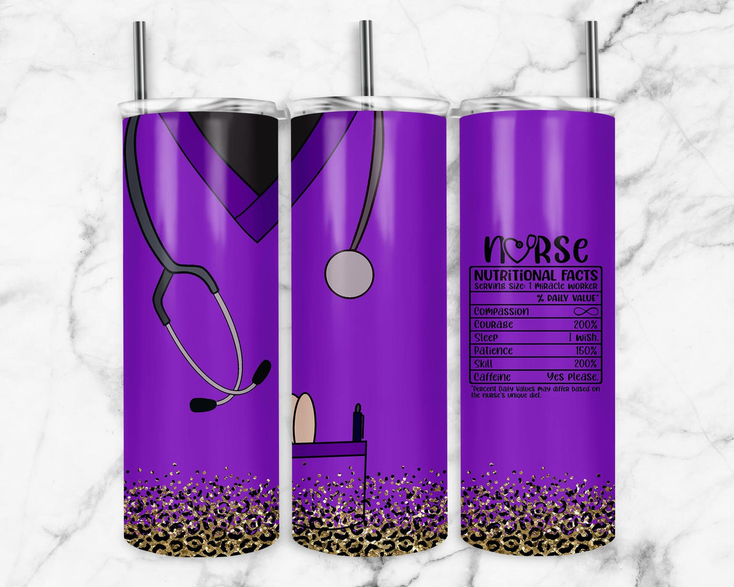 Purple Nurse 20oz Sublimation Tumbler Designs, Leopard Scrubs 9.2 x 8.3” Straight Skinny Tumbler Wrap PNG