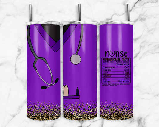 Purple Nurse 20oz Sublimation Tumbler Designs, Leopard Scrubs 9.2 x 8.3” Straight Skinny Tumbler Wrap PNG