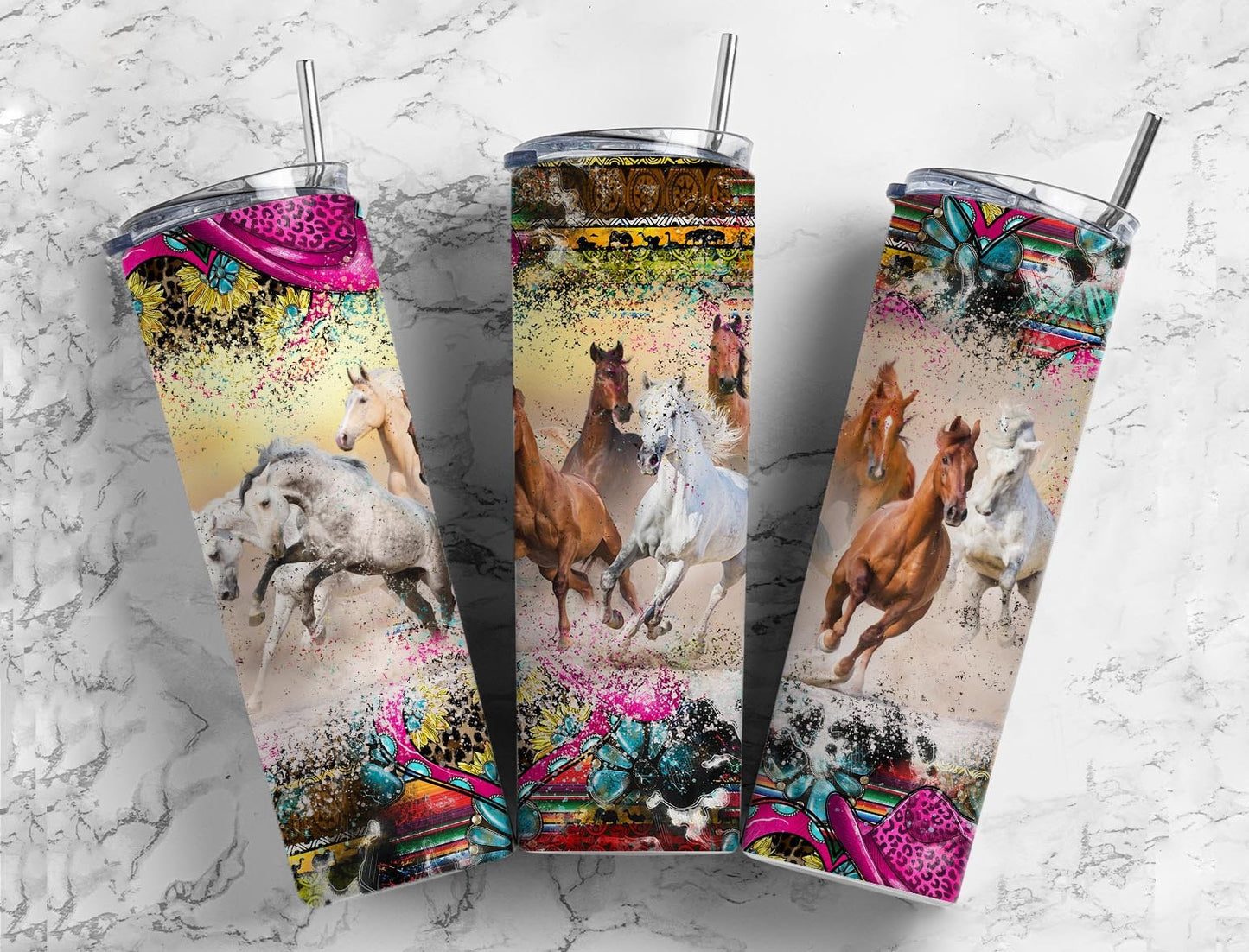 Pink Hat Horse 20oz Sublimation Tumbler Designs, Aztec Country Western 9.2 x 8.3” Straight Skinny Tumbler, Horse Lover Wrap PNG