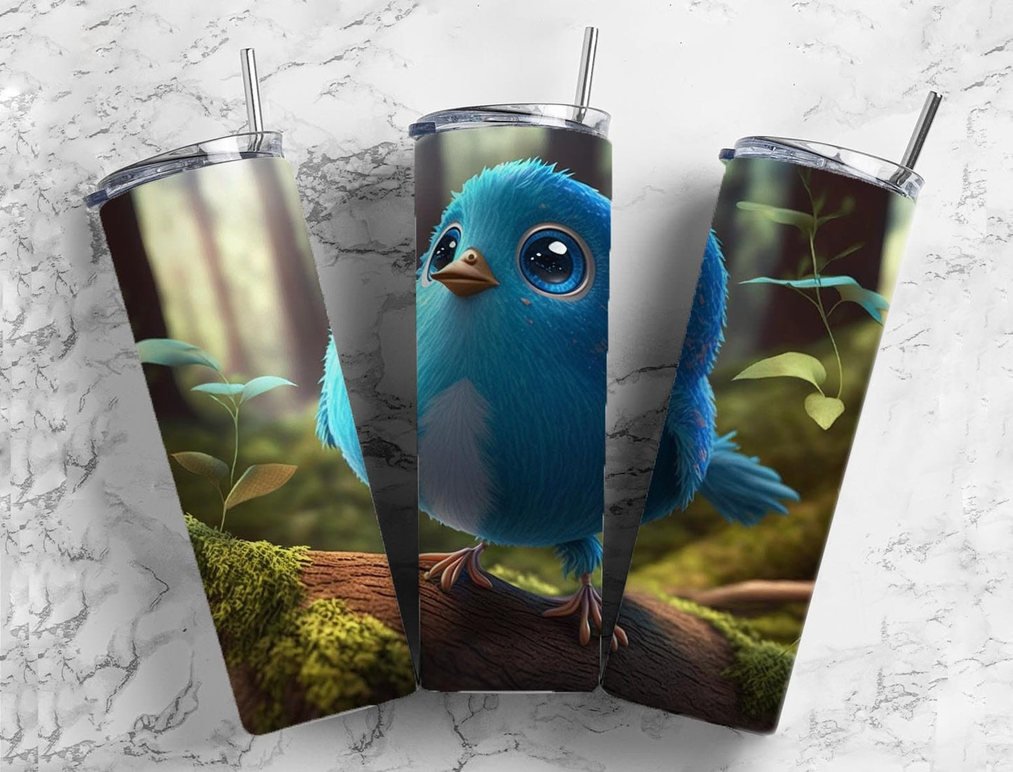 Cartoon bluebird 20oz Sublimation Tumbler Designs, Cute forest 9.2 x 8.3” Straight Skinny Tumbler Wrap PNG