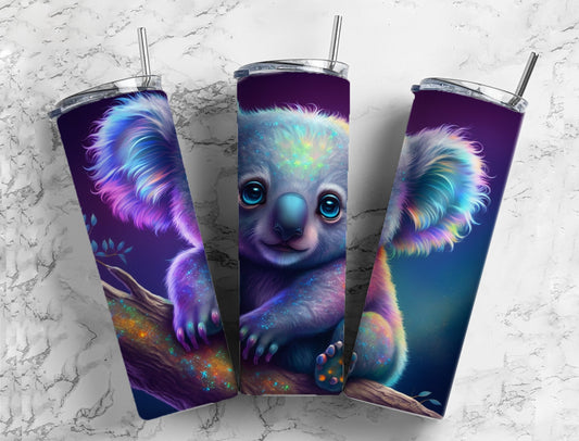 Alcohol Ink Koala 20oz Sublimation Tumbler Designs, Purple Neon 9.2 x 8.3” Straight Skinny Tumbler Wrap PNG, Sublimation Design PNG