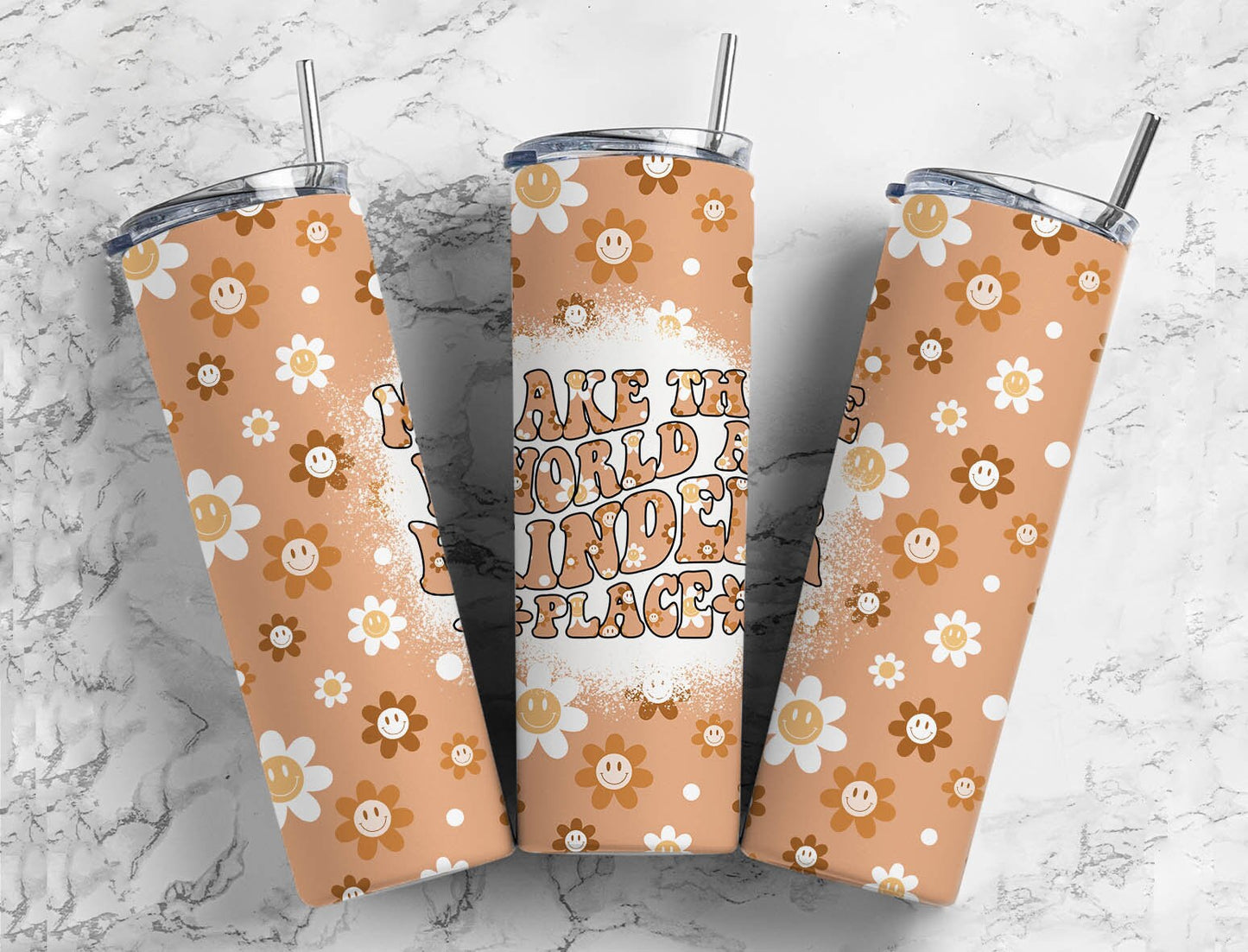 Retro Smiley 20oz Sublimation Tumbler Designs, Flower Make The World A Kinder Place 9.2 x 8.3” Straight Skinny Tumbler PNG