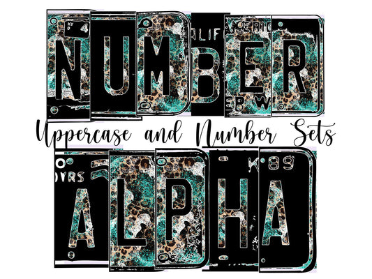 Teal Leopard Number Plate Alphabet Uppercase Numbers PNG, Cow Country Alphabet PNG Digital Download