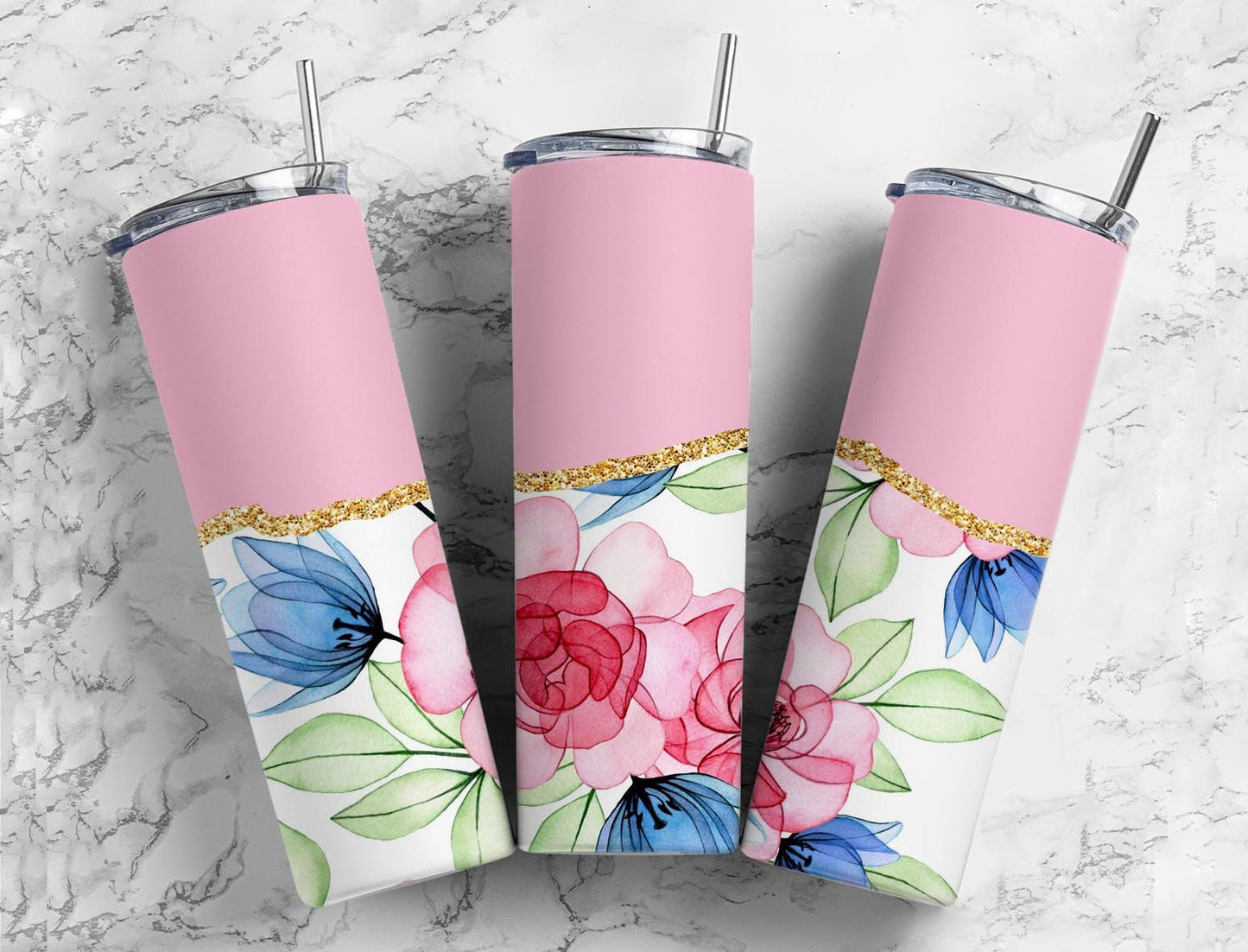 Aesthetic Flower 20oz Sublimation Tumbler Designs, Agate Glitter Pink 9.2 x 8.3” Straight Skinny Tumbler Wrap PNG