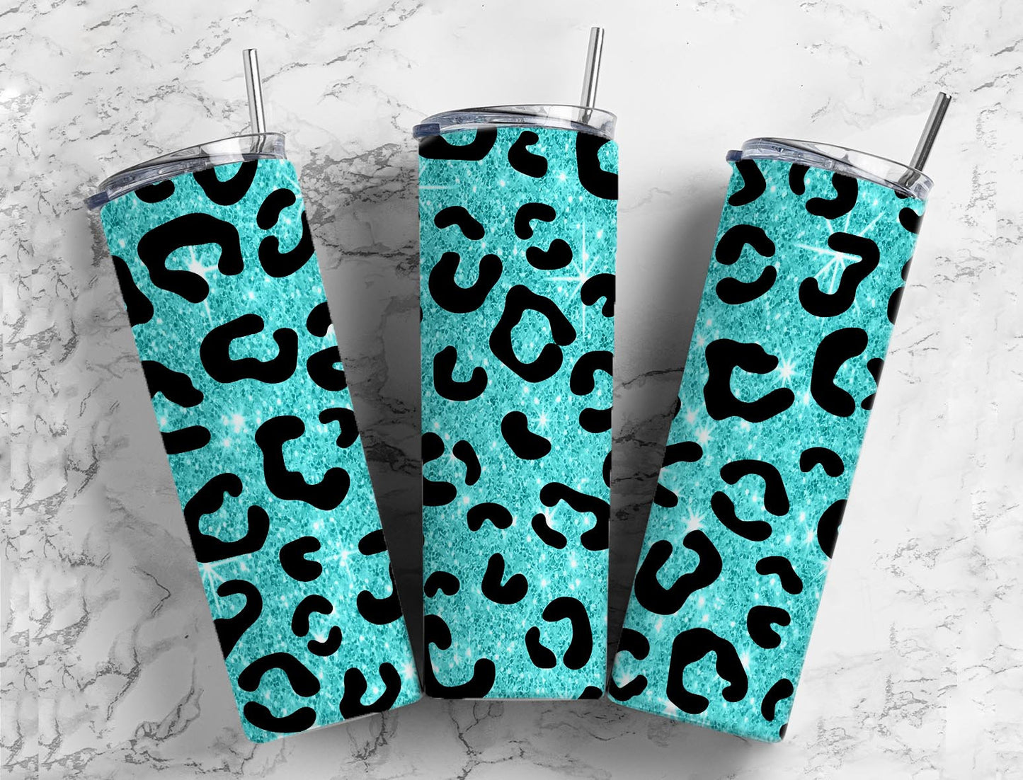 Blue glitter 20oz Sublimation Tumbler Designs, leopard print 9.2 x 8.3” Straight Skinny Tumbler Wrap PNG