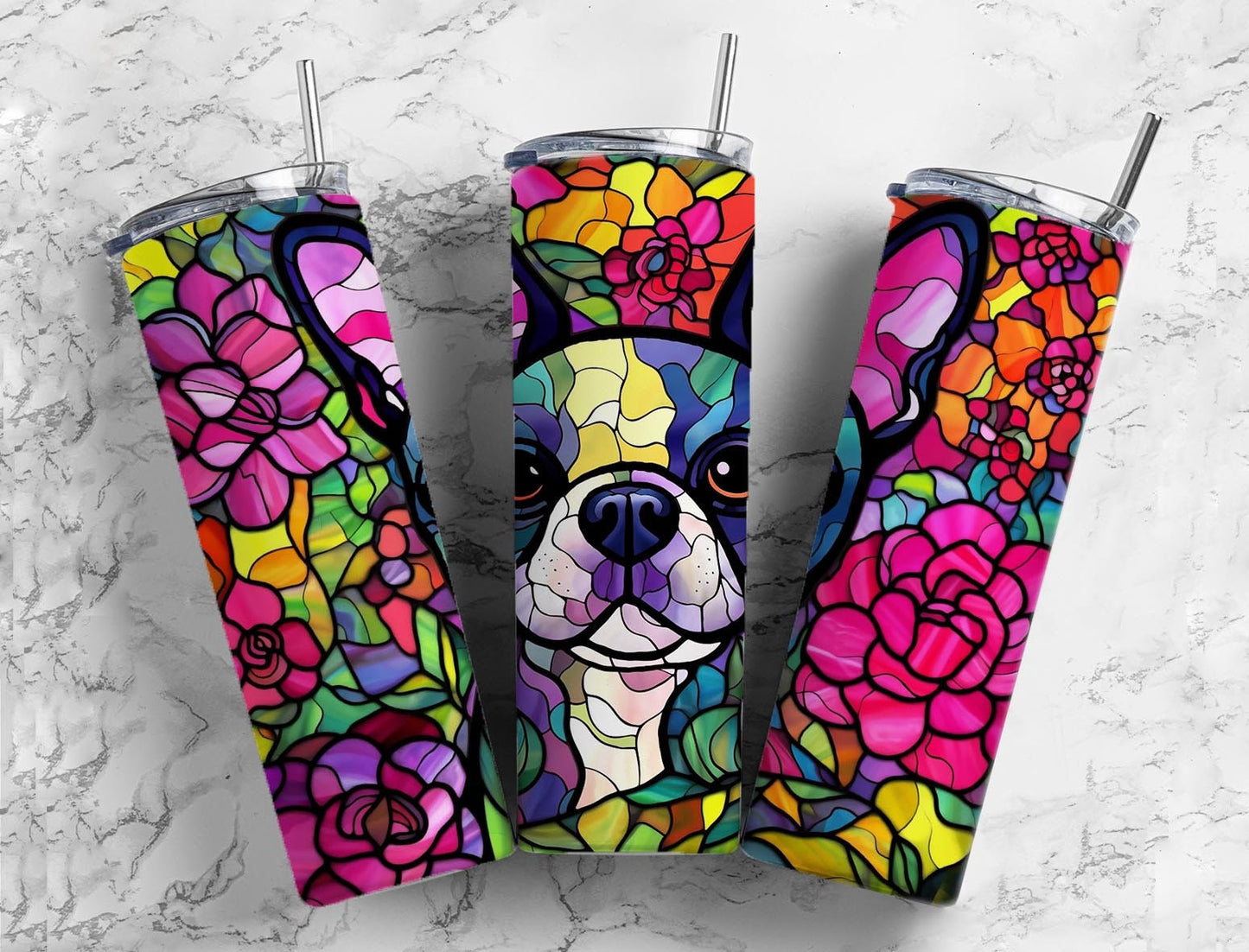 Boston terrier 20oz Sublimation Tumbler Designs, Floral stained glass 9.2 x 8.3” Straight Skinny Tumbler Wrap PNG