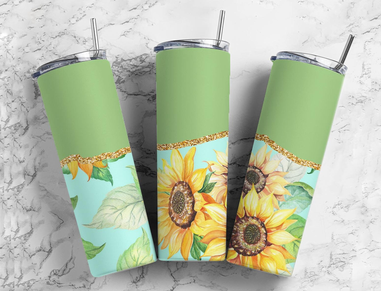 Aesthetic Sunflower20oz Sublimation Tumbler Designs, Agate Glitter Green 9.2 x 8.3” Straight Skinny Tumbler Wrap PNG