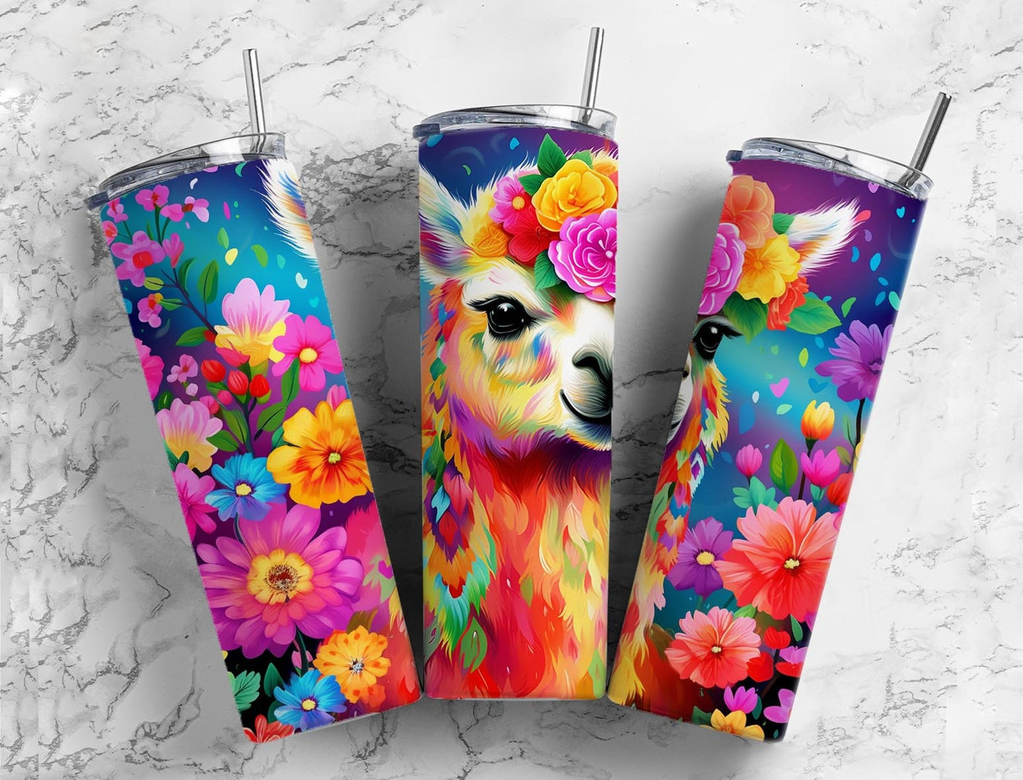 Alpaca floral 20oz Sublimation Tumbler Designs, Flower crown 9.2 x 8.3” Straight Skinny Tumbler Wrap PNG (2023-04-18 09.35.34)