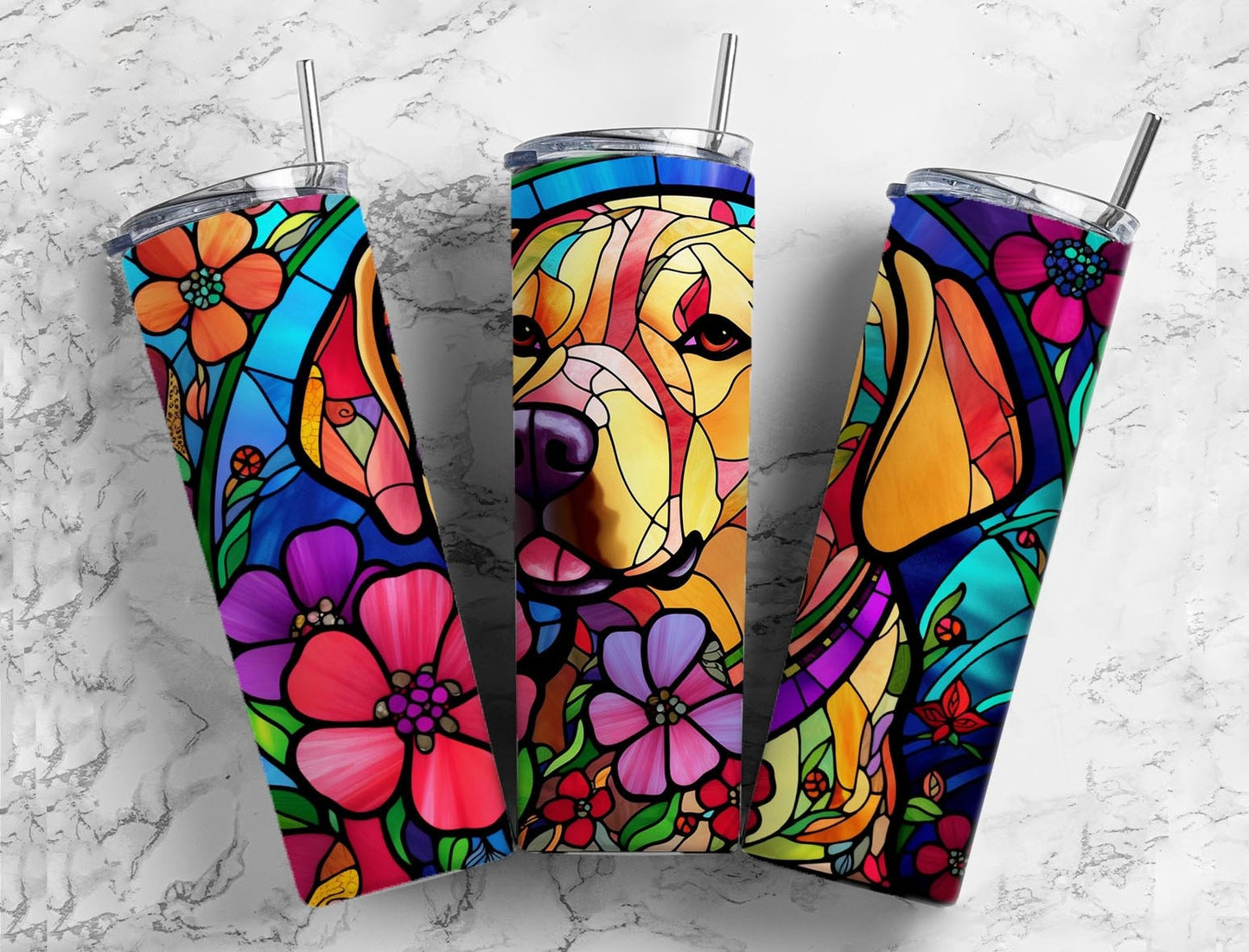 Rainbow dog 20oz Sublimation Tumbler Designs, Floral stained glass 9.2 x 8.3” Straight Skinny Tumbler Wrap PNG