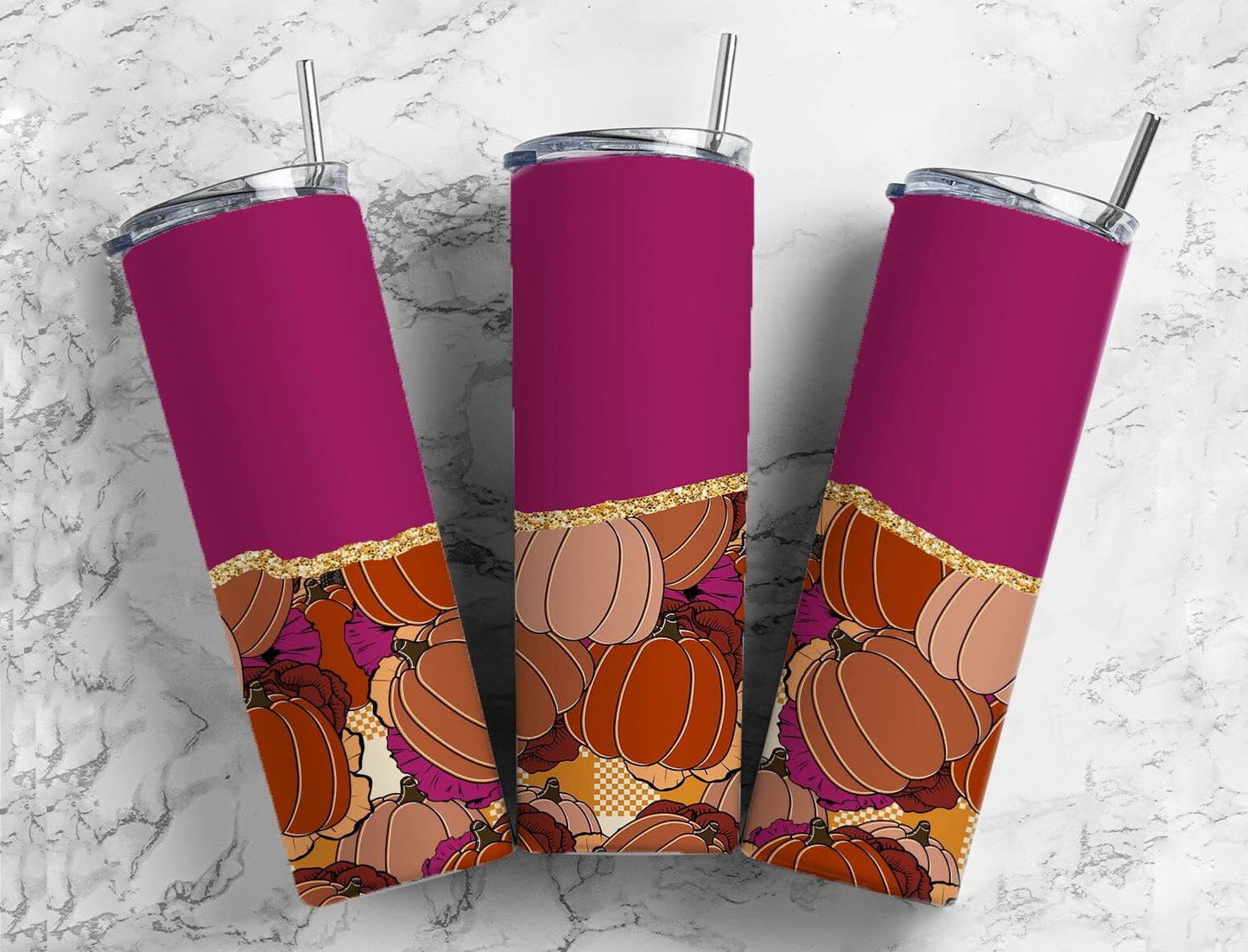 Pumpkin Fall Retro 20oz Sublimation Tumbler Designs, Purple Orange Aesthetic Floral 9.2 x 8.3” Straight Skinny Tumbler Wrap PNG 8