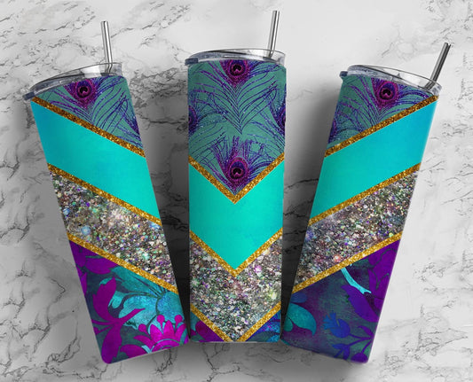 Peacock Teal 20oz Sublimation Tumbler Designs, Neon Glitter 9.2 x 8.3” Straight Skinny Tumbler Wrap, Purple Aesthetic Tumbler