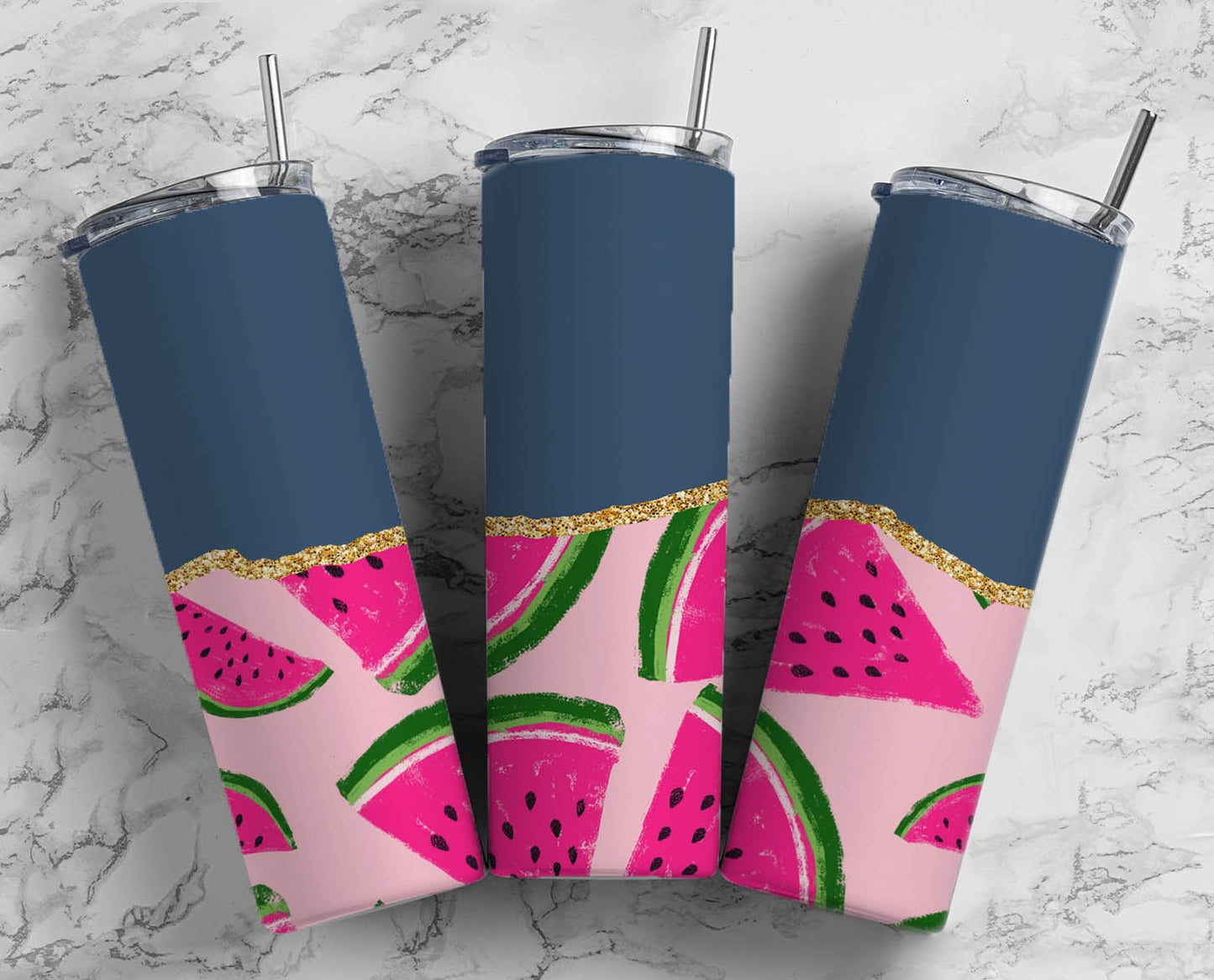 Blue Watermelon 20oz Sublimation Tumbler Designs, Summer Gold Agate Line 9.2 x 8.3” Straight Skinny Tumbler Wrap PNG 60