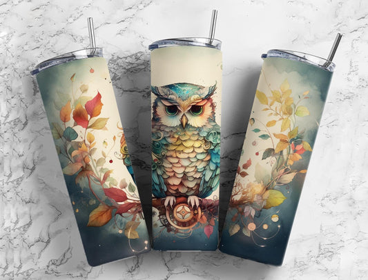 Owl on branch 20oz Sublimation Tumbler Designs, Leaf floral 9.2 x 8.3” Straight Skinny Tumbler Wrap PNG