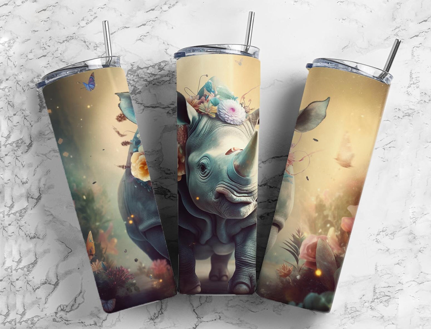 Rhinoceros 20oz Sublimation Tumbler Designs, flower crown 9.2 x 8.3” Straight Skinny Tumbler Wrap PNG