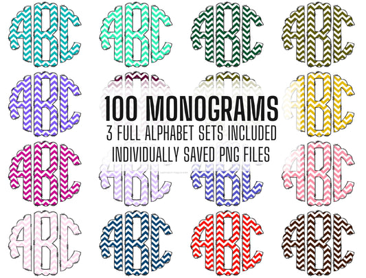 100 MEGA BUNDLE - Monograms Letters! 100 Chevron Colours Uppercase & Lowercase, Entire Doodle Alphabet, Numbers, Individually Saved PNG