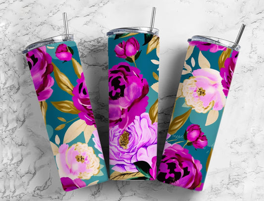 Purple and blue floral 20oz Sublimation Tumbler Designs, Rose botanical 9.2 x 8.3” Straight Skinny Tumbler Wrap PNG