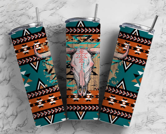 Bull Skull Aztec 20oz Sublimation Tumbler Designs, Cow 9.2 x 8.3” Straight Skinny Tumbler, Turquoise Wrap PNG