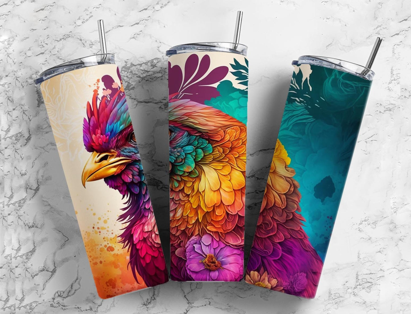 Alcohol ink chicken 20oz Sublimation Tumbler Designs, Rainbow colorful 9.2 x 8.3” Straight Skinny Tumbler Wrap PNG