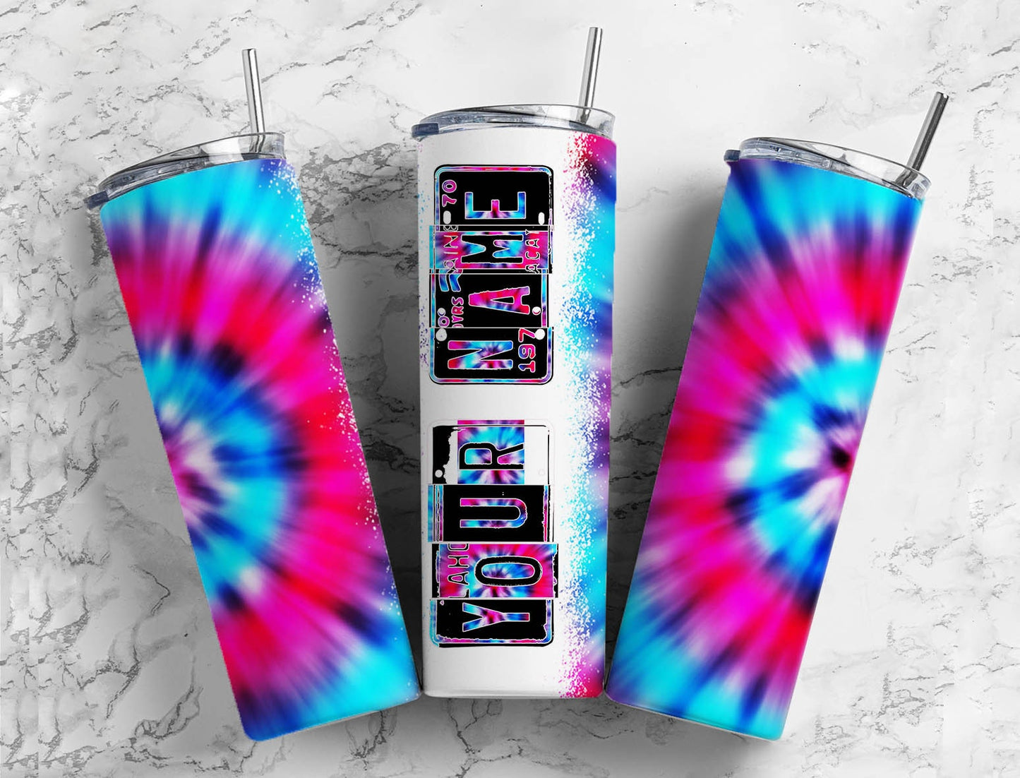 Tie dye spiral Number Plate 20 oz Tumbler with Matching Alphabet PNG, Pink and blue Alphabet PNG Digital Download