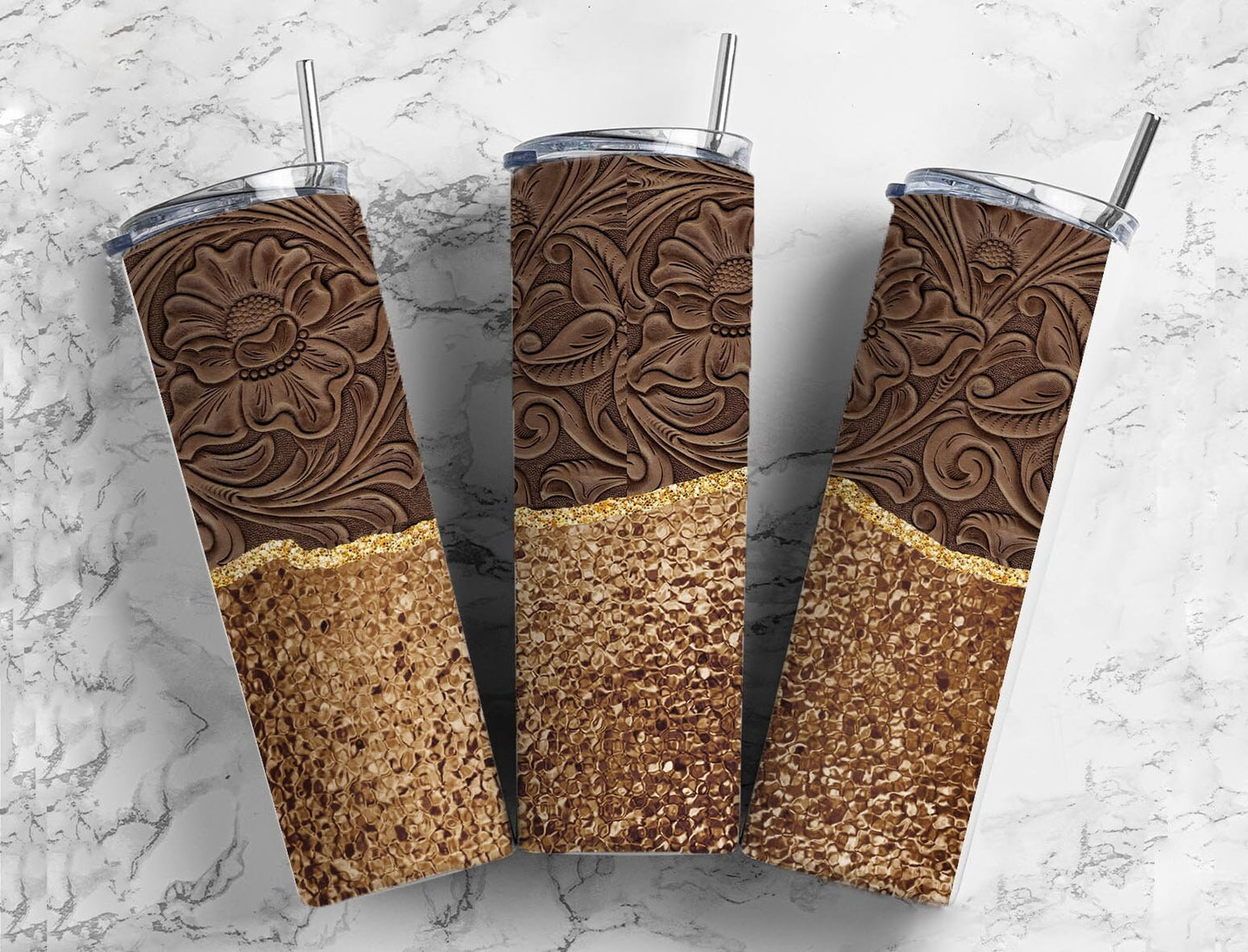 Rust and Tooled Leather 20oz Sublimation Tumbler Designs, Country Western 9.2 x 8.3” Straight Skinny Tumbler Wrap PNG, Tumbler For Men