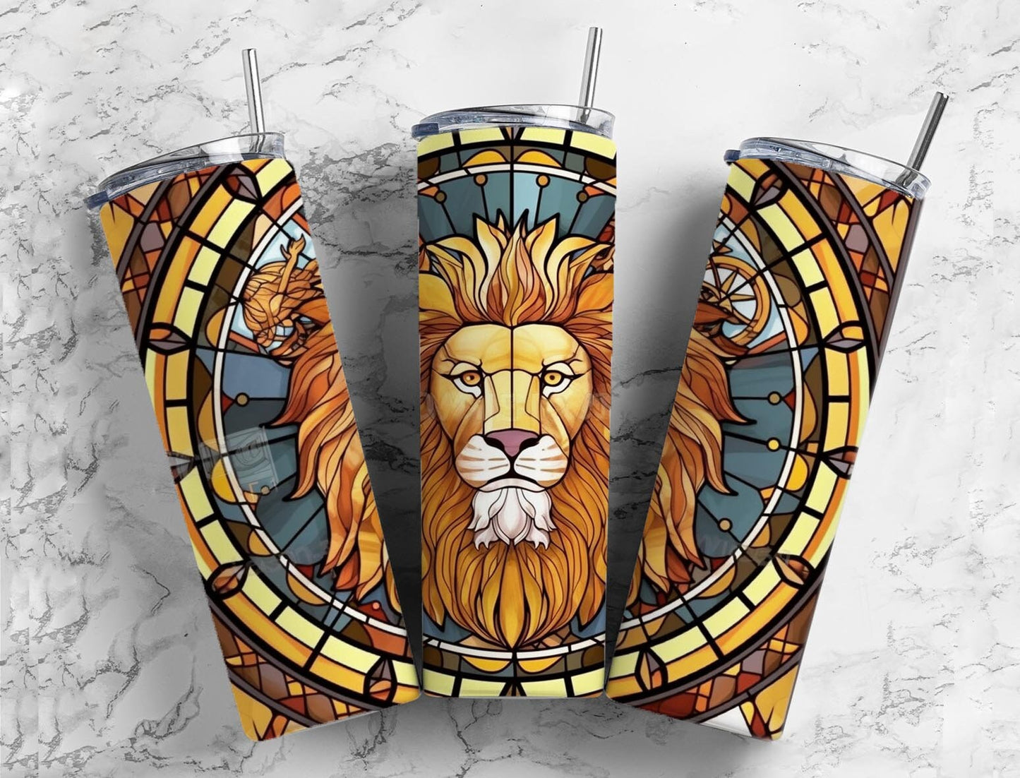 Stained glass window 20oz Sublimation Tumbler Designs, Lion mane 9.2 x 8.3” Straight Skinny Tumbler Wrap PNG