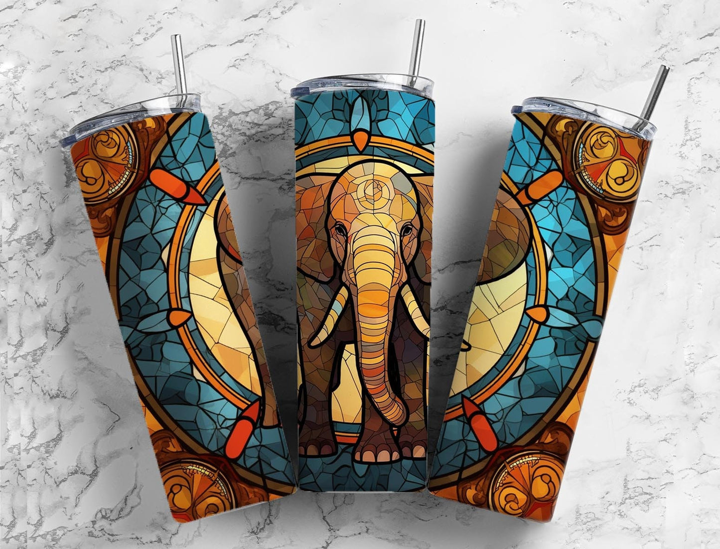 Stained glass window 20oz Sublimation Tumbler Designs, Colorful elephant 9.2 x 8.3” Straight Skinny Tumbler Wrap PNG