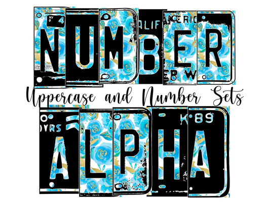 Blue Floral Number Plate Alphabet Uppercase Numbers PNG, Rustic FlowerAlphabet PNG Digital Download