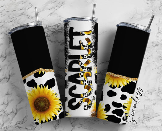 Cow Sunflower Tumbler Wrap with Matching Doodle Letter Alphabet PNG, Cow Print Add your Own name 20oz Tumbler, BlackAlpha Set PNG 4