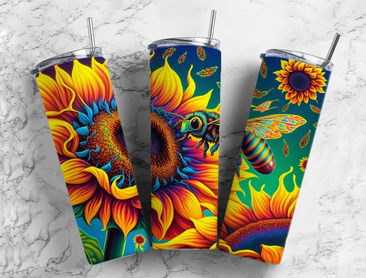 Sunflower bee 20oz Sublimation Tumbler Designs, Colorful floral 9.2 x 8.3” Straight Skinny Tumbler Wrap PNG